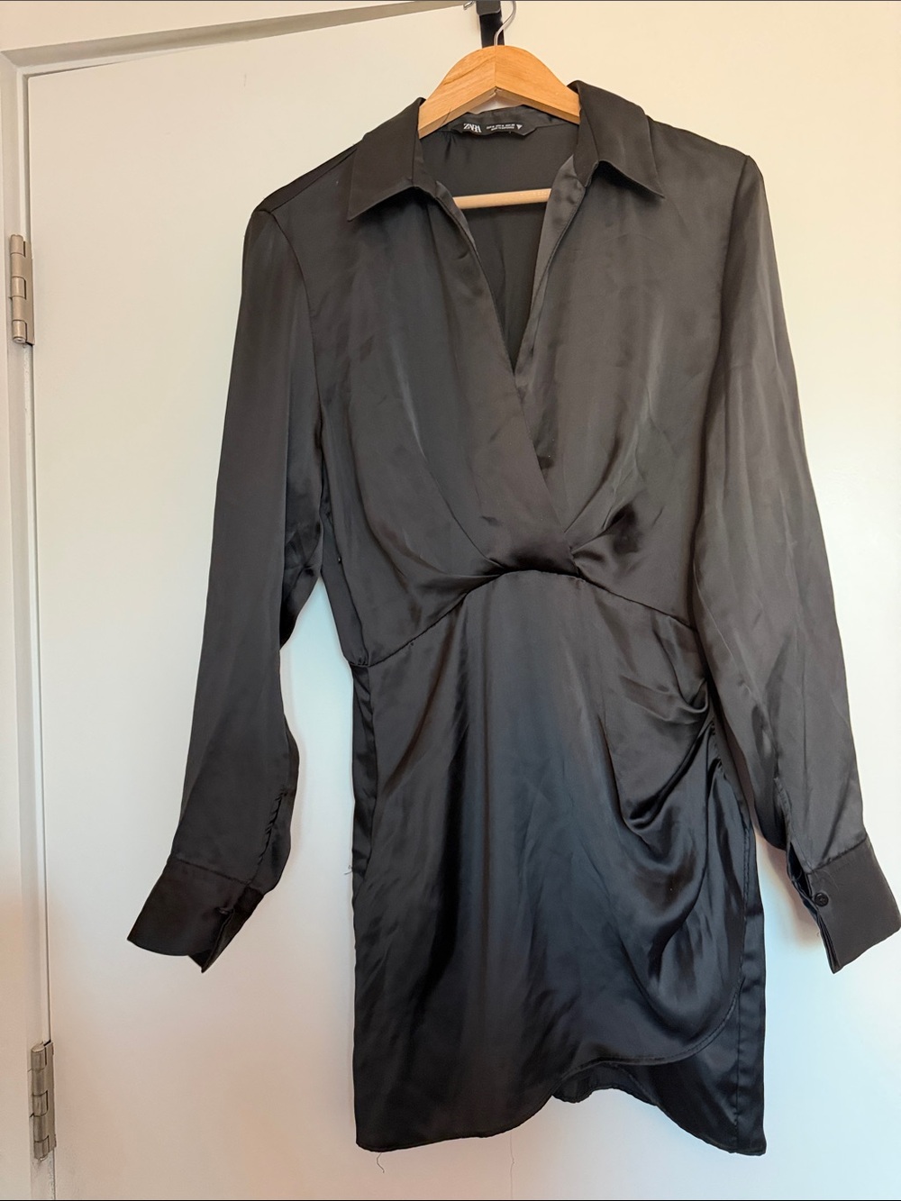 Zara Black Satin Long-Sleeve Wrap-Style Dress